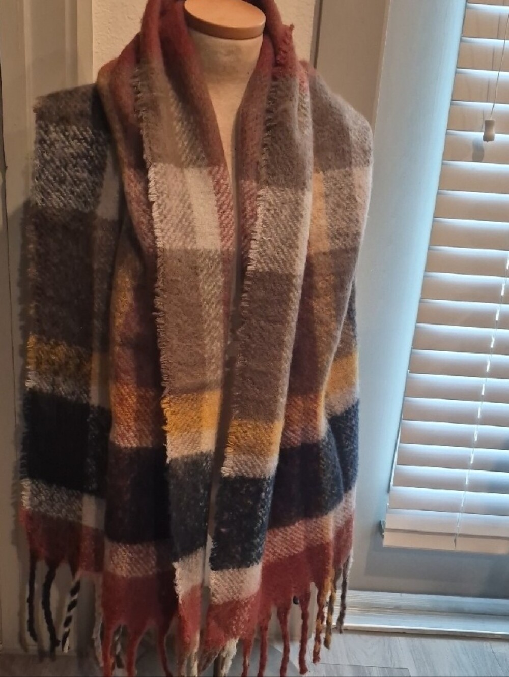 Over Sized Plaid Fringe Throw in Rust, Gray & Yellow - Unbranded